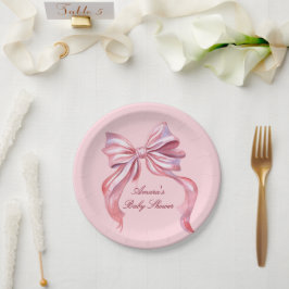 Elegante Roze Aquarel Strik Meisje Baby Shower Papieren Bordje