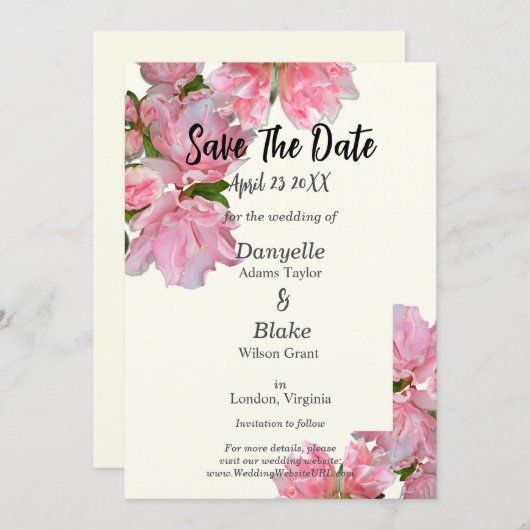 Elegante Roze Azalea & Ivoor Uitnodigingskaart voo Save The Date (Voorkant / Achterkant)