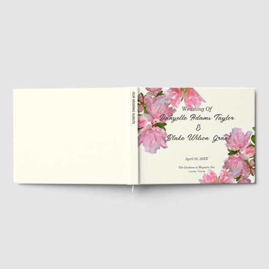 Elegante roze azalea's & ivoor bloemenbruiloft gastenboek (Volledig)