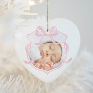 Elegante Roze Baby Meisje Foto Eerste Kerstmis Keramisch Ornament