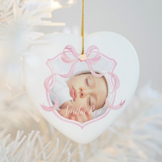 Elegante Roze Baby Meisje Foto Eerste Kerstmis Keramisch Ornament