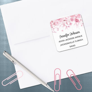 Elegante Roze Baby Shower Bloemige Retouradres Vierkante Sticker