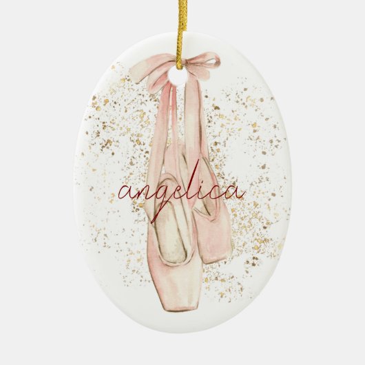 Elegante Roze Ballerina Dansschoenen Gouden Glitte Keramisch Ornament (Voorkant)