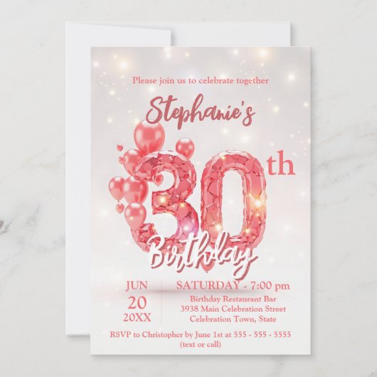 Elegante roze ballonnen 30e verjaardag kaart (Voorkant)