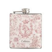 Elegante Roze Beige Equestrian Floral Toile Naam Heupfles (Voorkant)