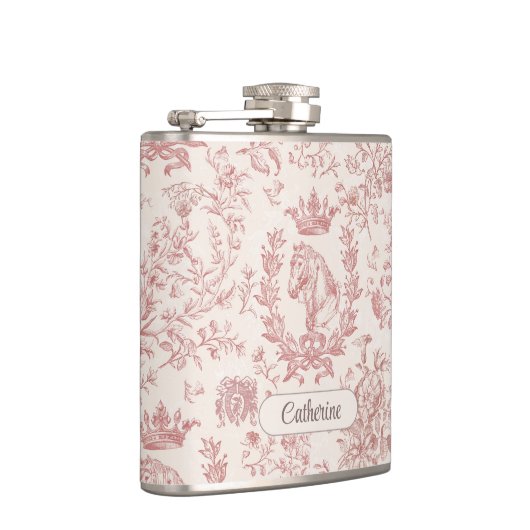 Elegante Roze Beige Equestrian Floral Toile Naam Heupfles (Rechts)