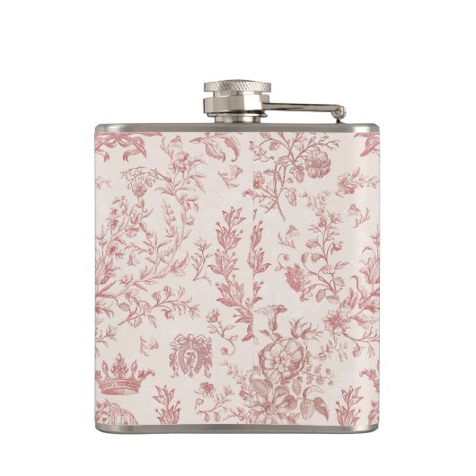 Elegante Roze Beige Equestrian Floral Toile Naam Heupfles (Achterkant)