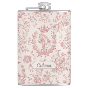Elegante Roze Beige Equestrian Floral Toile Naam Heupfles