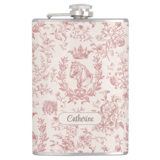 Elegante Roze Beige Equestrian Floral Toile Naam Heupfles (Voorkant)