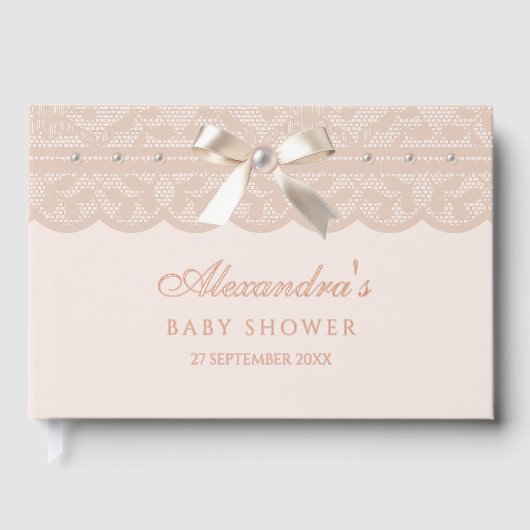 Elegante Roze Beige Parels Bow Lace Baby shower Gastenboek (Voorkant)