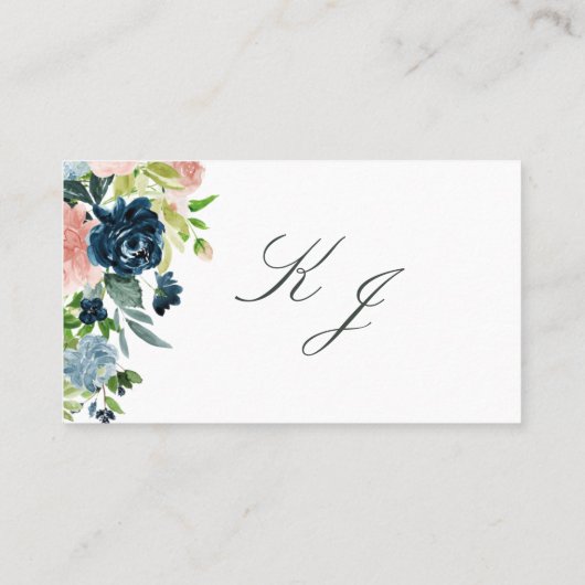 Elegante Roze Blauw Bloemen Script Monogram Huweli Plaatskaartje (Achterkant)
