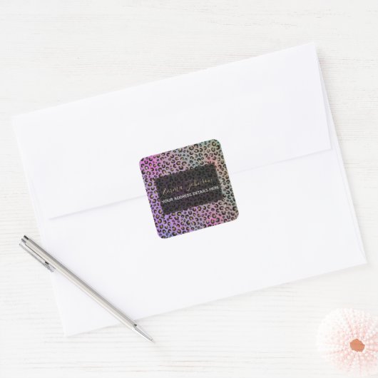 Elegante roze blauw goud glitters zwart luipaardpr vierkante sticker (Envelop)