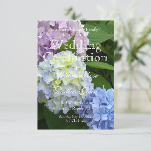 Elegante roze blauw paarse Hydrangea bruiloft Kaart (Staand voorkant)
