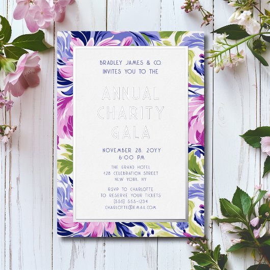 Elegante Roze Blauwe Bloemen Charity Event Gala Pa Folie Uitnodiging