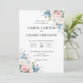 Elegante Roze & Blauwe Bloemige Bruiloft Kaart (Staand voorkant)