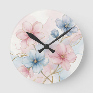 Elegante Roze Blauwe Bloemige Waterverf Ronde Klok