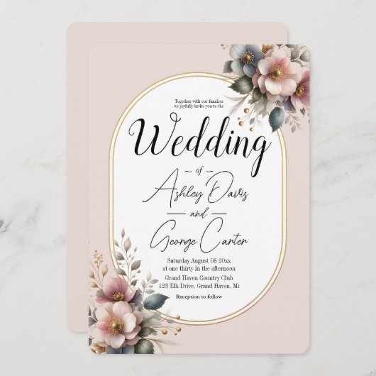 Elegante roze, blauwe en crème bloemenbruiloft kaart (Voorkant / Achterkant)