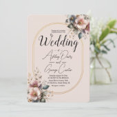 Elegante roze, blauwe en crème bloemenbruiloft kaart (Staand voorkant)