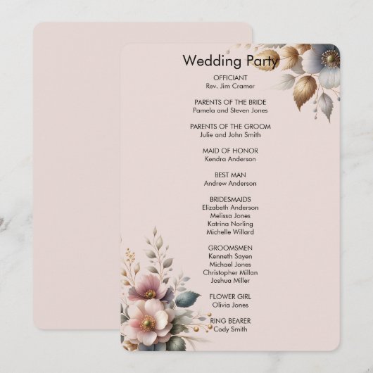 Elegante roze, blauwe en crème bloemenbruiloft kaart (Voorkant / Achterkant)