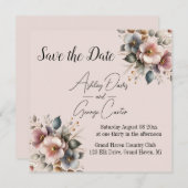 Elegante roze, blauwe en crème bloemenbruiloft save the date (Voorkant / Achterkant)