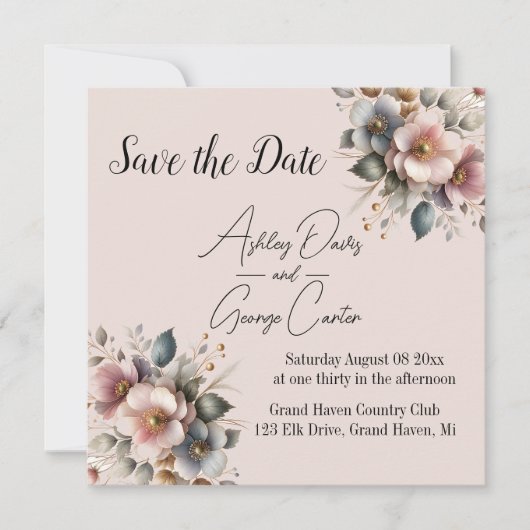 Elegante roze, blauwe en crème bloemenbruiloft save the date (Voorkant)
