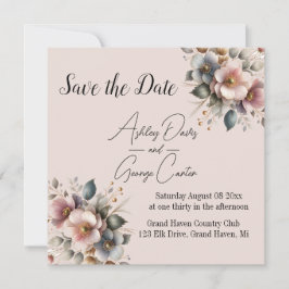 Elegante roze, blauwe en crème bloemenbruiloft save the date