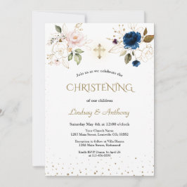 Elegante Roze Blauwe Gouden Bloem Doopset voor Twe Kaart