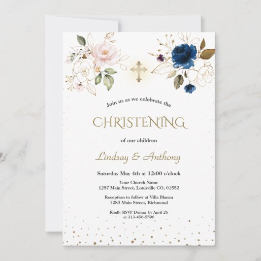 Elegante Roze Blauwe Gouden Bloem Doopset voor Twe Kaart (Voorkant)