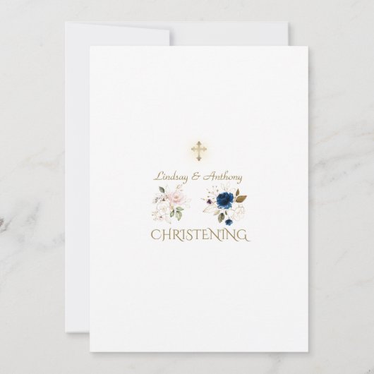 Elegante Roze Blauwe Gouden Bloem Doopset voor Twe Kaart (Achterkant)