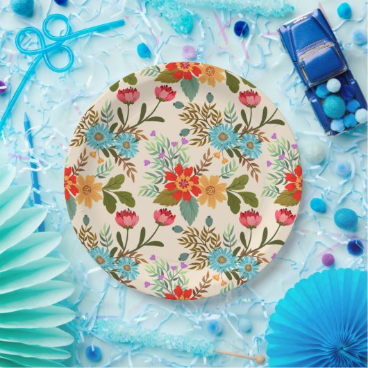 Elegante roze blauwe groene bloembladeren patroon papieren bordje (Feest)