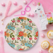 Elegante roze blauwe groene bloembladeren patroon papieren bordje (Feest)