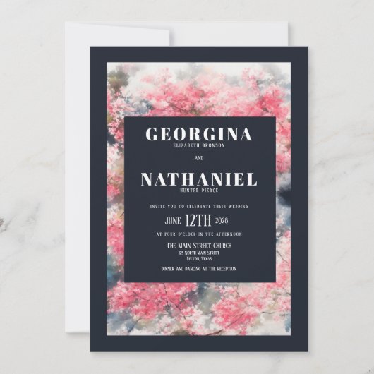 Elegante roze blauwe kersenbloesem bloemenbruiloft kaart (Voorkant)