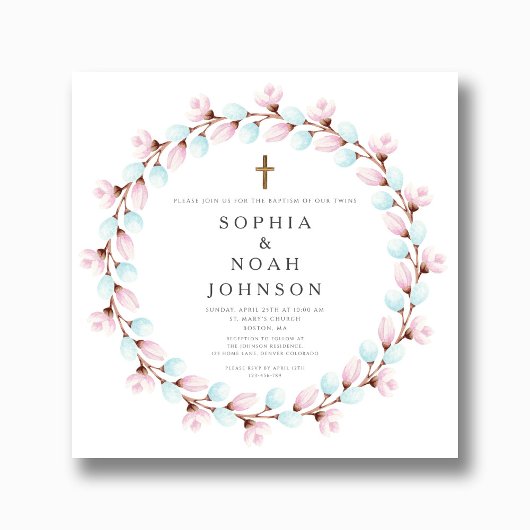 Elegante roze blauwe kruis tweeling doop kaart