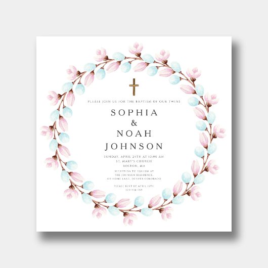 Elegante roze blauwe kruis tweeling doop kaart