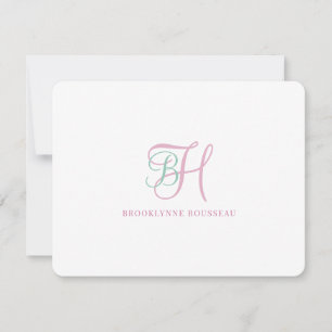Elegante Roze Blauwe Monogram Plat Notitiekaart Notitiekaartje