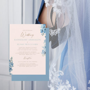 Elegante Roze & Blauwe Trouwuitnodiging voor Kerk Kaart