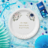 Elegante Roze Blauwe Witte Bloemen Tweeling Doop   Papieren Bordje (Feest)