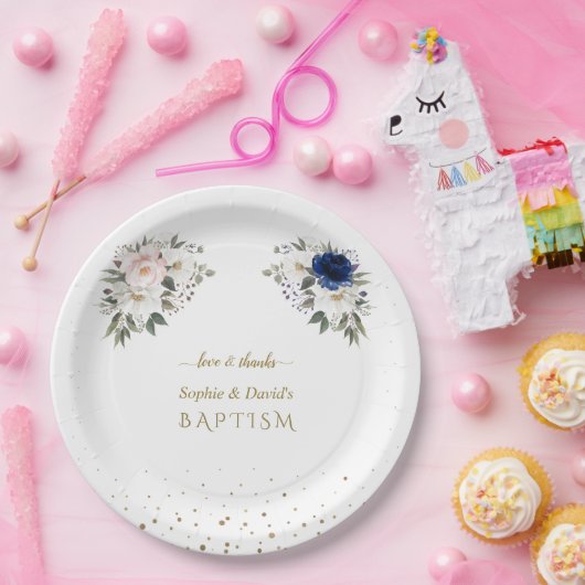 Elegante Roze Blauwe Witte Bloemen Tweeling Doop   Papieren Bordje (Feest)