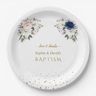 Elegante Roze Blauwe Witte Bloemen Tweeling Doop Papieren Bordje