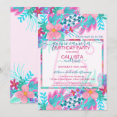 Elegante Roze Blauwgroen Geschilderde Bloemen Blad Kaart (Voorkant / Achterkant)