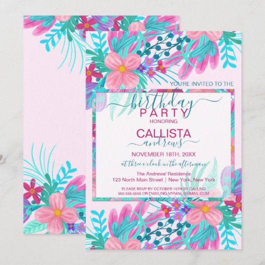 Elegante roze Blauwgroen geschilderde bloemen blad Kaart (Voorkant / Achterkant)