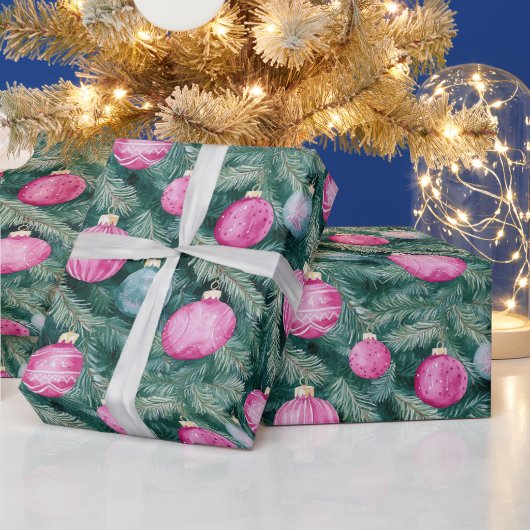 Elegante roze blauwgroen kerstballen cadeaupapier (Feestdagen)