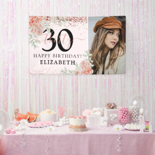 Elegante Roze Bloem 30e Verjaardagsfoto Spandoek