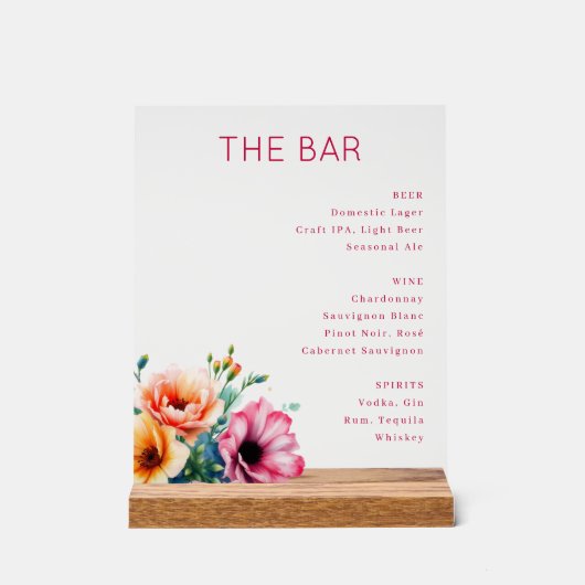 Elegante Roze Bloem Bar Menu Acryl Bord (Voorkant)