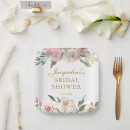 Elegante Roze Bloem Bruiloft Feest Papieren Bordje