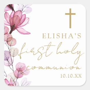 Elegante roze bloem eerste heilige communie vierkante sticker