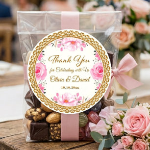 Elegante Roze Bloem en Goud Folie Trouw Dank Je Ronde Sticker