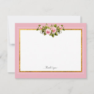 Elegante Roze Bloem en Gouden Frame "Dank je" Notitiekaartje
