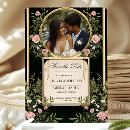 Elegante Roze Bloem en Gouden Save the Date Uitnod Kaart