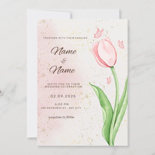 Elegante roze bloem en vlinder trouwkaart kaart (Voorkant)